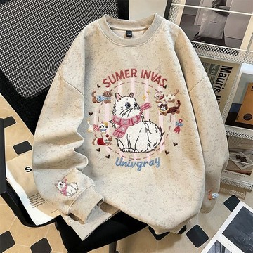 港風 休閒 加絨 仿刺繡 貓貓印花 紮染 圓領 衛衣 男女 秋冬季 情侶裝 上衣 潮