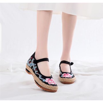 如意 2023春款圓頭內增高亞麻鞋包邊女鞋古風繡花鞋禪服茶服布鞋