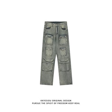 KKyesiou美式高街多口袋做舊水洗牛仔褲男女設計感vibe情侶休閑褲