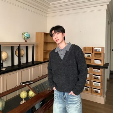 假兩件襯衫領毛衣男秋冬裝新款內搭慵懶風撞色翻領針織衫上衣男