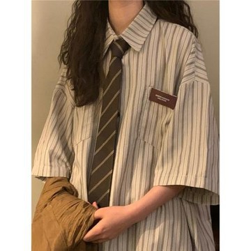美式復古寬松學院風2025夏季設計感小眾短袖條紋襯衫女慵懶風上衣