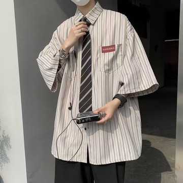 情侶裝條紋短袖DK襯衫男女復古設計感小眾夏季半袖JK襯衣學生班服