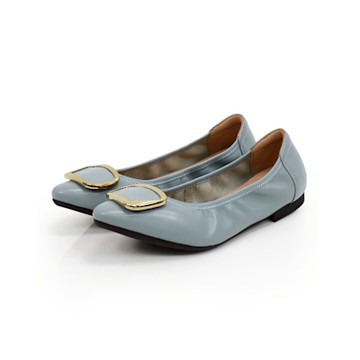 viina珍妮絲 2· 全真皮方扣尖頭摺疊平底娃娃鞋-灰藍(版型偏小1碼)