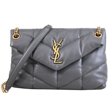 YSL Saint Laurent PUFFER 經典V字絎縫小羊皮肩斜背翻蓋鍊包(灰)