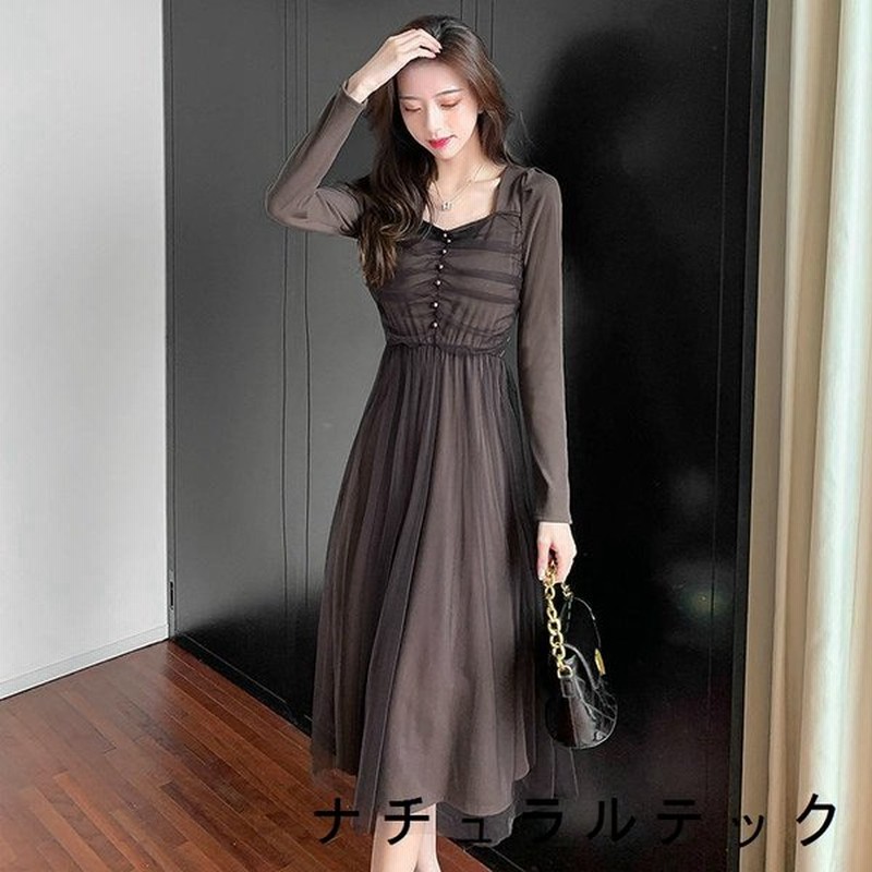 レディース ワンピース スクエアネック ミモレ丈 膝下丈 ロング丈 ハイウエスト 長袖 シースルーワンピース 甘口コーデ キュート 大人可愛い デート お呼ばれ 通販 Lineポイント最大get Lineショッピング