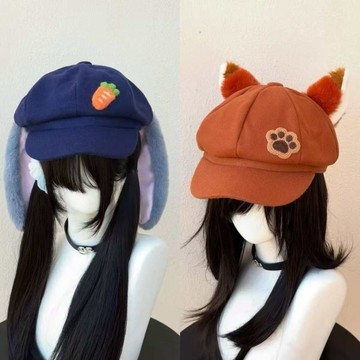 臺灣出貨+免運朱迪兔cosplay垂耳兔小衆毛絨耳朵八角帽子甜美個性百搭顯貝雷帽