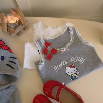 🎀biubiu童裝🎀幼兒園女寶寶無袖T恤衫卡通可愛甜美系洋氣拼接蕾絲花邊外穿背心