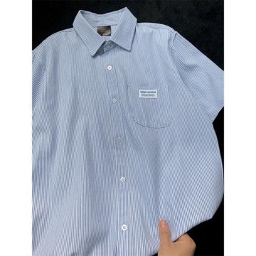 藍色條紋短袖襯衫男藍白條紋藍襯衣休閑感男士夏季寸衫輕熟風男生