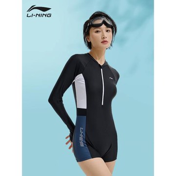 新款李寧游泳衣女大碼運動連體保守時尚遮肚顯瘦防曬長袖學生泳裝