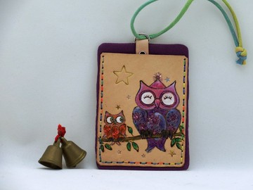 植鞣皮革雙層卡套證件套可愛貓頭鷹的祝福