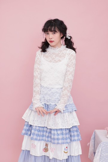 甜美少女 花邊玫瑰蝴蝶結 蕾絲上衣