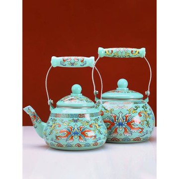 西藏式牛馬牌格桑花纏枝紋茶壺沖敬水壺餐具酥油茶具民族特色搪瓷