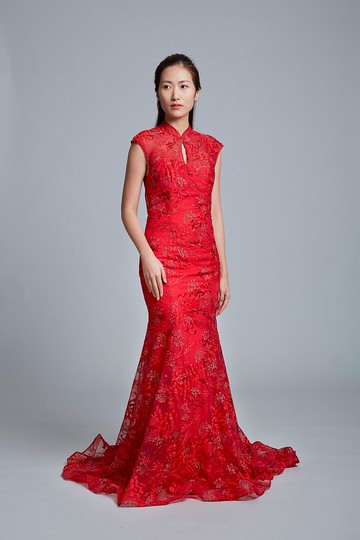 中式新娘蕾絲旗袍 (紅色) - 現貨 | 香港設計 | 新娘裙 |婚禮服飾