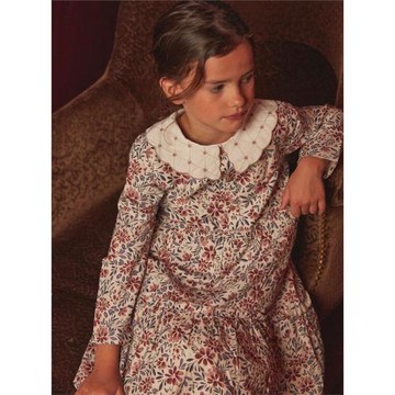 2-11法系女童純棉滿印碎花刺繡翻領長袖連衣裙