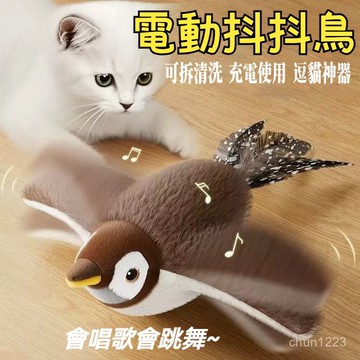 台灣隔日達 電動抖抖鳥 自動逗貓玩具 不死鳥寵物玩具 抖抖鳥 usb充電 貓玩具 仿真聲音 抖抖麻雀 會飛的鳥 啾啾鳥