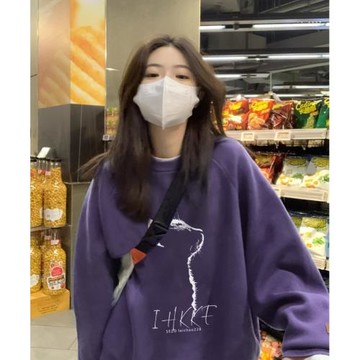 美式復古紫羅蘭圓領衛衣女春秋新款設計感貓咪印花小眾百搭上衣潮