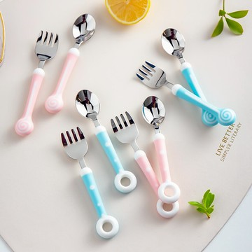 不銹鋼餐勺兒童訓練勺子短柄卡通叉勺嬰兒輔食勺叉子兒童餐具套裝