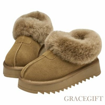 【Grace gift】時髦雲朵暖絨牛麂皮短筒厚底雪靴 灰