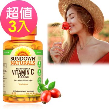 【Sundown日落恩賜】緩釋型C 1000MG Plus玫瑰果錠x3瓶(60錠/瓶)