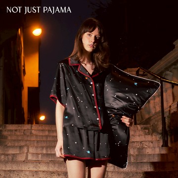 NotJustPajama Galaxy系列 星空印花22姆米真絲短袖睡衣套裝 - 黑色-M