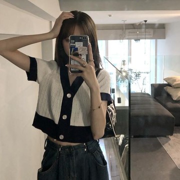 大碼針織開衫薄款女短袖新款夏季胖MM寬松小香風v領短款上衣