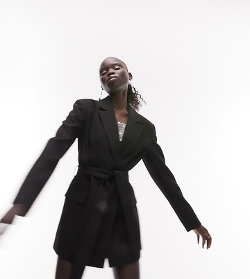 Topshop Tailored Petite belted blazer in black
