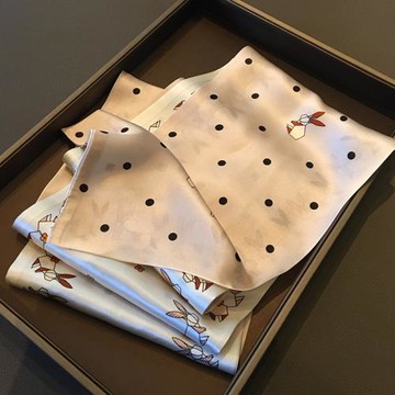 高品質100%桑蠶絲可愛小兔春夏百搭雙面真絲絲巾女領巾長飄帶發帶