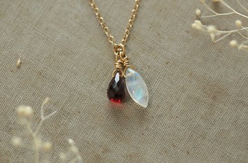 馬眼月光石 紅石榴石 項鍊 14KGF 生日 禮物 小資 聖誕 金色 紅色