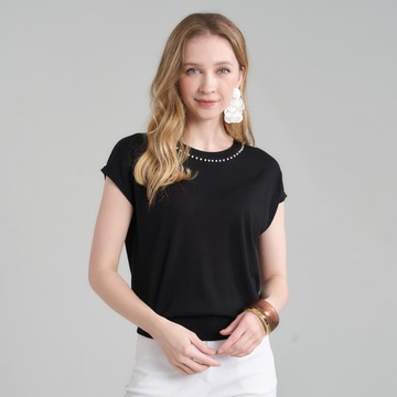 CLL巧玲瓏 氣質珍珠領針織上衣(黑色) 7298404