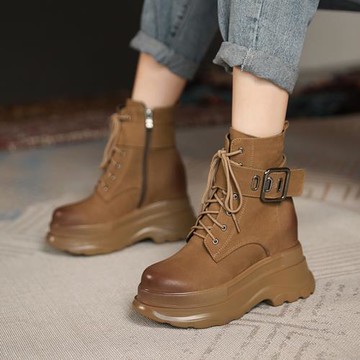 10CM厚底內增高短靴秋冬季新款英倫風復古女靴松糕底真皮小碼靴子