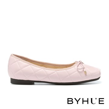 BYHUE 韓系氣質蝴蝶結羊皮軟芯Q底方頭娃娃低跟鞋－紫