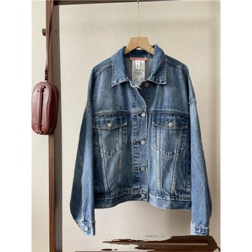 蒿貨小眾！歐美簡約復古短款寬松牛仔外套夾克女淺藍色廓形顯瘦