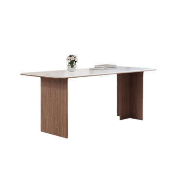 法式復古風洞石巖板餐桌椅組合家用小戶型實木飯桌黑胡桃木長方形[DD010109]