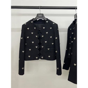 黑色銀愛心小香風外套女 花邊設計感短款小個子西裝復古毛呢上衣