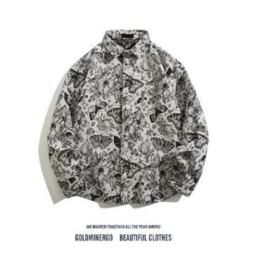 復古蝴蝶滿印長袖襯衫男日系百搭休閑襯衣外套寬松痞帥原宿風上衣