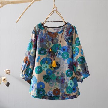文藝寬松碎花燈籠袖圓領T恤女夏新款棉麻小衫薄款套頭七分袖上衣