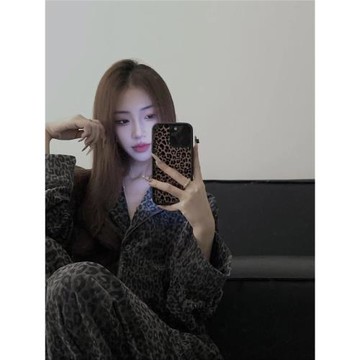 豹紋高級感睡衣女秋冬季德絨保暖情侶奢華網紅男女同款家居服套裝