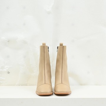 簡約線條-高筒歐美風粗跟靴-奶茶色