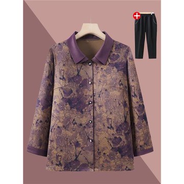 奶奶秋裝襯衫長袖上衣中老年人媽媽春秋寬松襯衣闊太太大碼薄外套