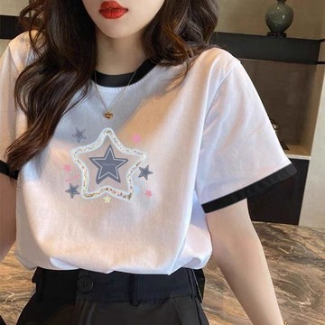 【台灣现貨】撞色上衣女 純棉T恤 夏季純棉短袖 女生短袖 韓系上衣女 印花T恤 休閒短袖 圓領T恤 夏季女裝 短袖T恤