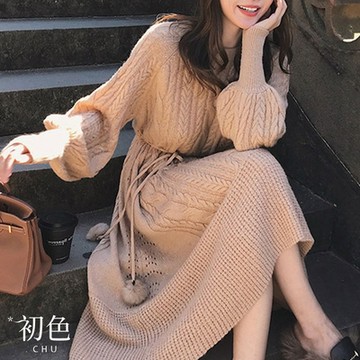 初色  法式毛衣小香風燈籠袖針織連身洋裝-共3色-64535(F可選)