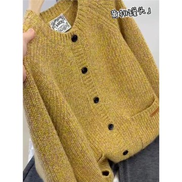 歐貨圓領別致設計感黃桃色長袖開衫針織毛衣女2025秋冬新款上衣潮