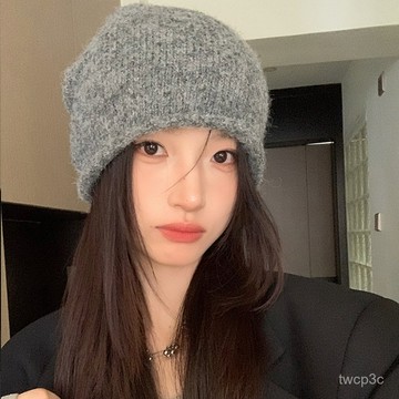 熱賣爆款純色羊毛混紡氛圍感針織堆堆帽女秋冬季顯臉小冷帽大頭圍包頭帽子1015 OFKH