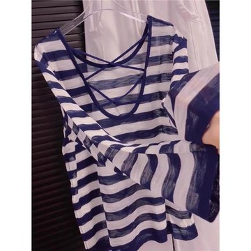 韓版薄款鏤空交叉防曬長袖條紋針織衫寬松顯瘦上衣2026夏季t恤女