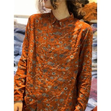 民族風麻料襯衫女2024早秋新款印花寬松顯瘦長袖Polo領長袖上衣