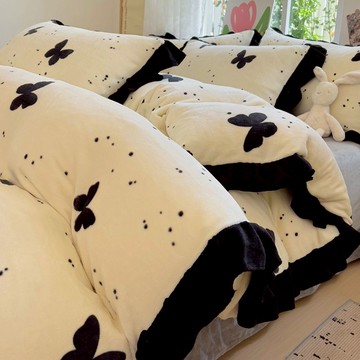 法式花邊加厚牛奶絨床上四件套冬季雙面珊瑚法蘭絨被套床單三件套