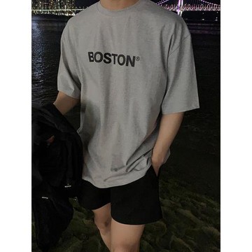 碧舍夏季男士寬松字母印花痞帥體恤韓版潮流簡約落肩圓領美式上衣