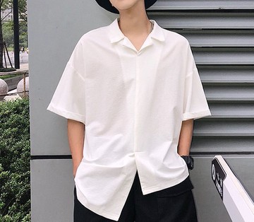 FINDSENSE H1 2018 夏季 新款 男 日本 簡約 純色 不規則剪裁 寬鬆百搭 短袖白色襯衫 休閒 潮上衣