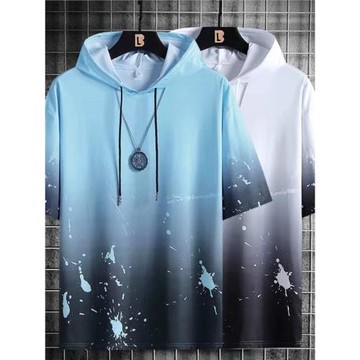 男士連帽短袖t恤男潮牌ins2025夏季潮流漸變體恤休閑百搭大碼上衣