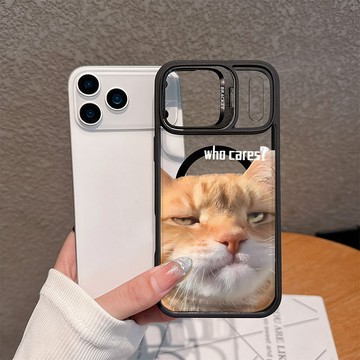白眼可愛貓咪 適用iPhone17/15Plus/16Pro/14/13 隱形鏡頭支架蘋果磁吸殼 全包防摔硬殼 送鏡頭貼